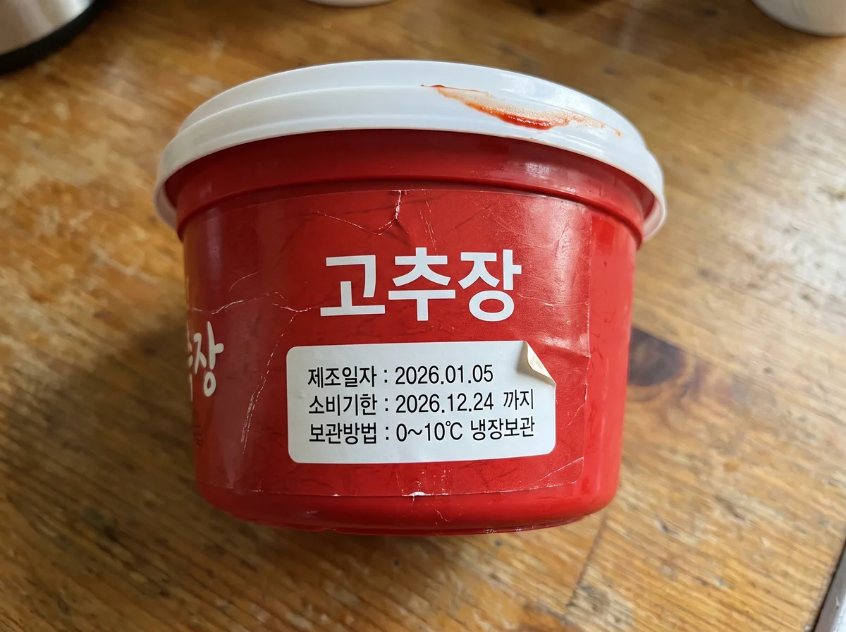 韓国の唐辛子味噌の容器。ラベルに소비기한（消費期限）2026.12.24と表記