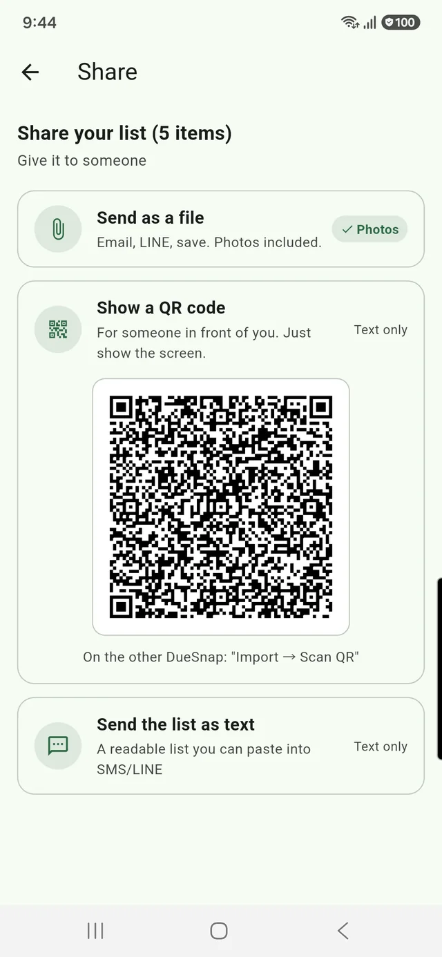 Compartir tus fechas por archivo, código QR o texto